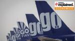 The tail fins of Go First airline, formerly known as GoAir, passenger aircrafts are seen parked on the tarmac at the airport in New Delhi, India, May 11, 2023.