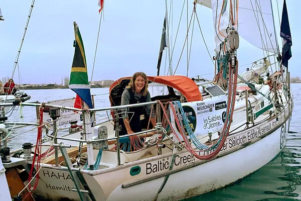 Kirsten Neuschäfer, aboard Minnehaha, her 36-foot Cape George sailboat.